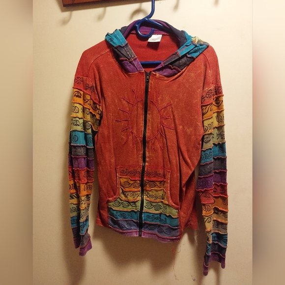 Rainbow patchwork Zip-up hooded sweatshirt. L/XL - Picture 1 of 3
